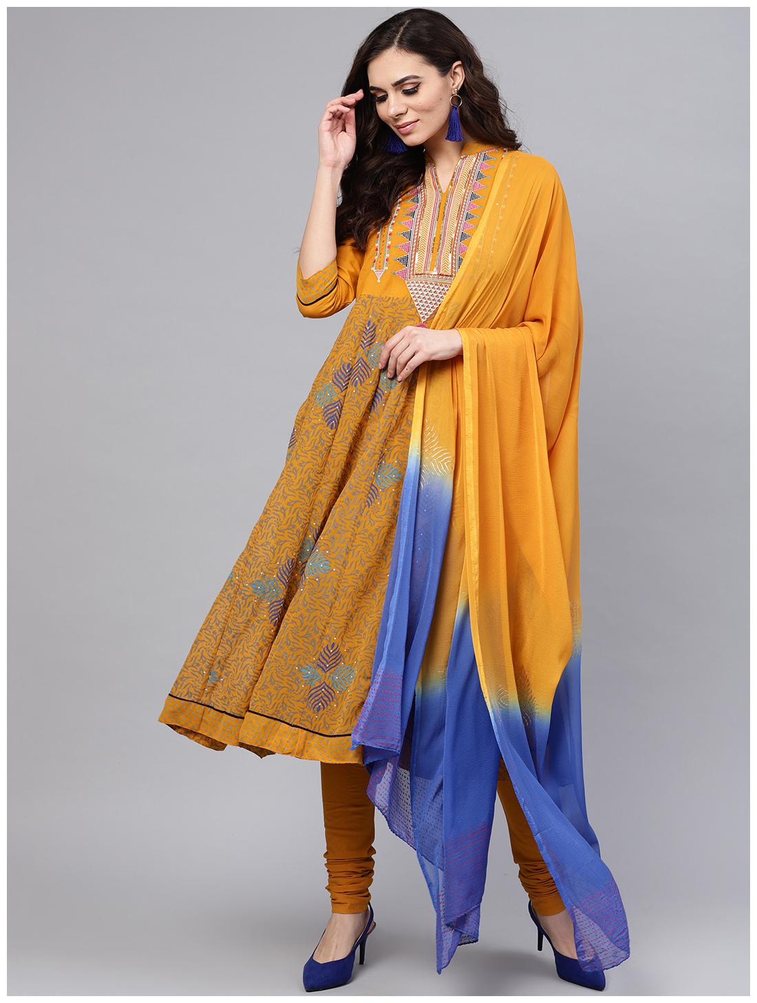 

RAIN and RAINBOW Women Mustard Printed Anarkali Kurta With Churidar And Dupatta