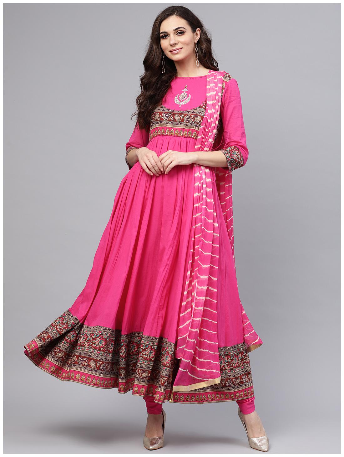 

RAIN and RAINBOW Women Pink Printed Anarkali Kurta With Churidar And Dupatta