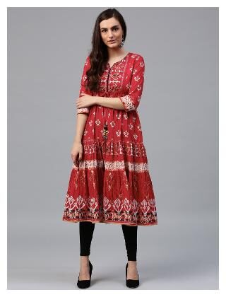 

RAIN and RAINBOW Women Red Printed Anarkali Kurta