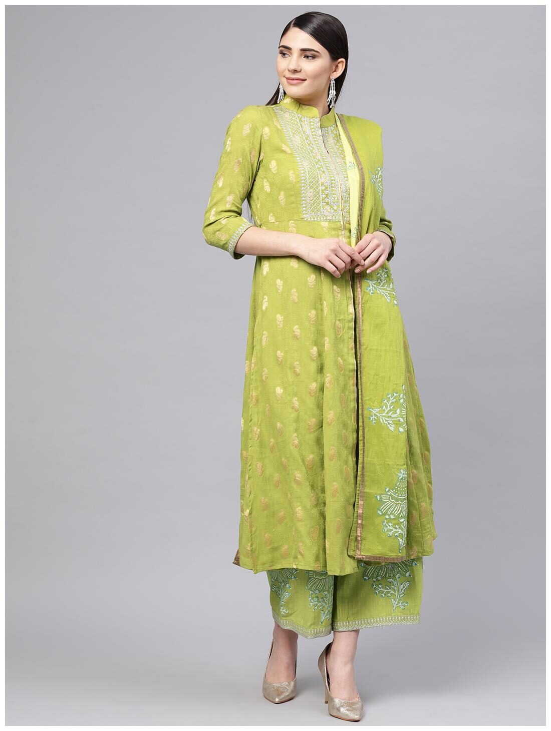 

RAIN and RAINBOW Women Green Printed Anarkali Kurta With Churidar And Dupatta
