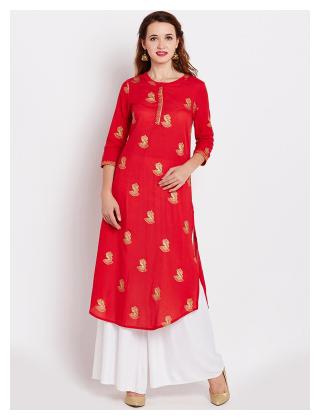 

RAIN and RAINBOW Women Red Printed Straight Kurta