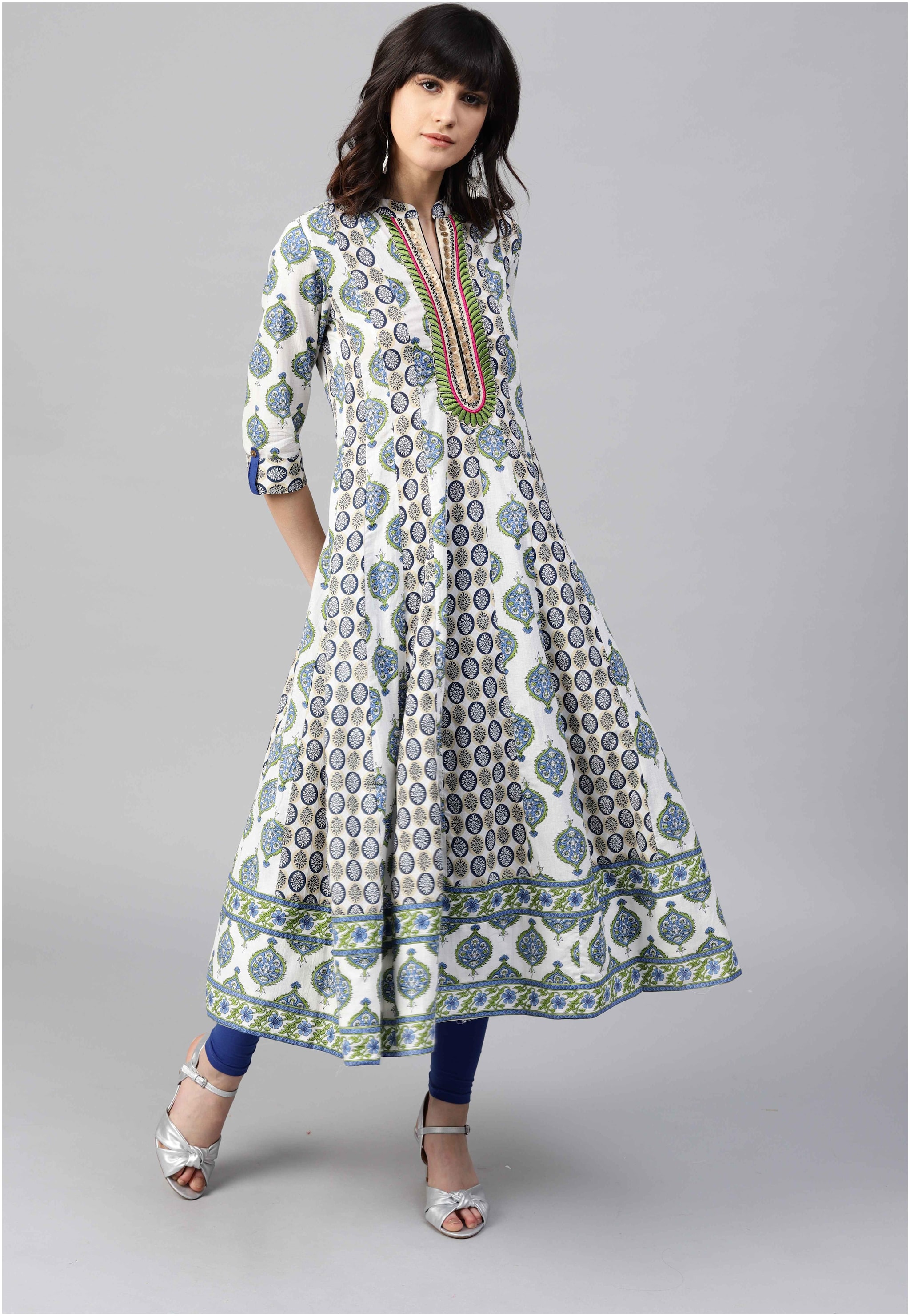 

RAIN and RAINBOW Women Green Printed Anarkali Kurta
