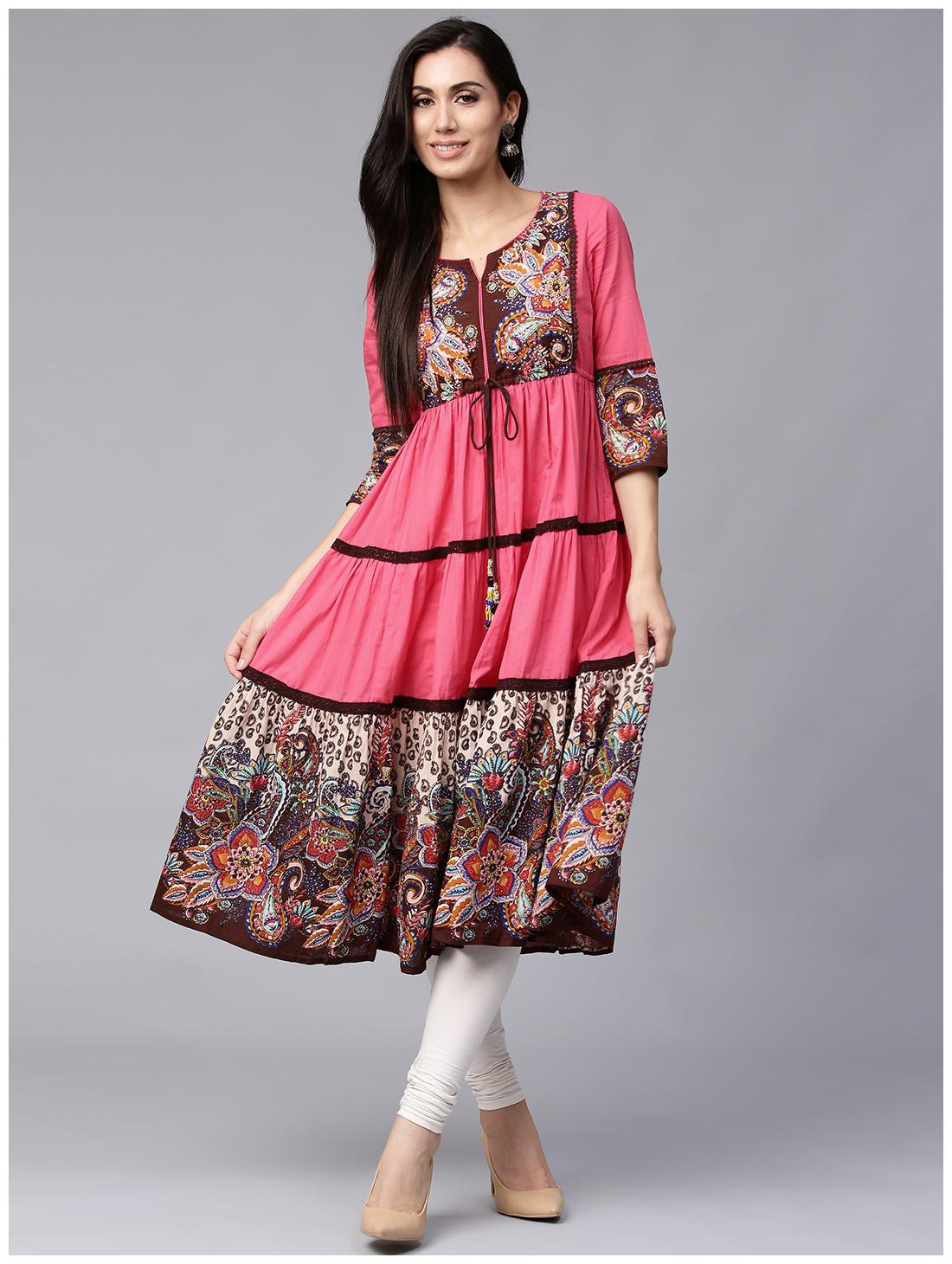 

RAIN and RAINBOW Women Pink Colorblocked Layered Kurta