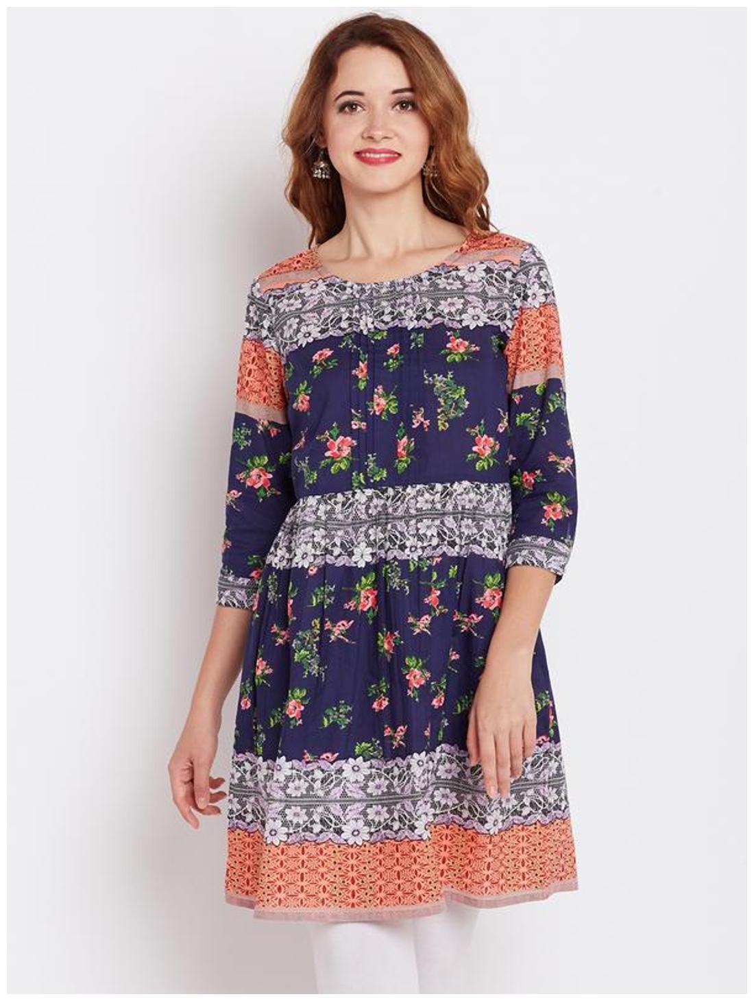 

Rain and Rainbow Navy Cotton Floral Kurti Dress