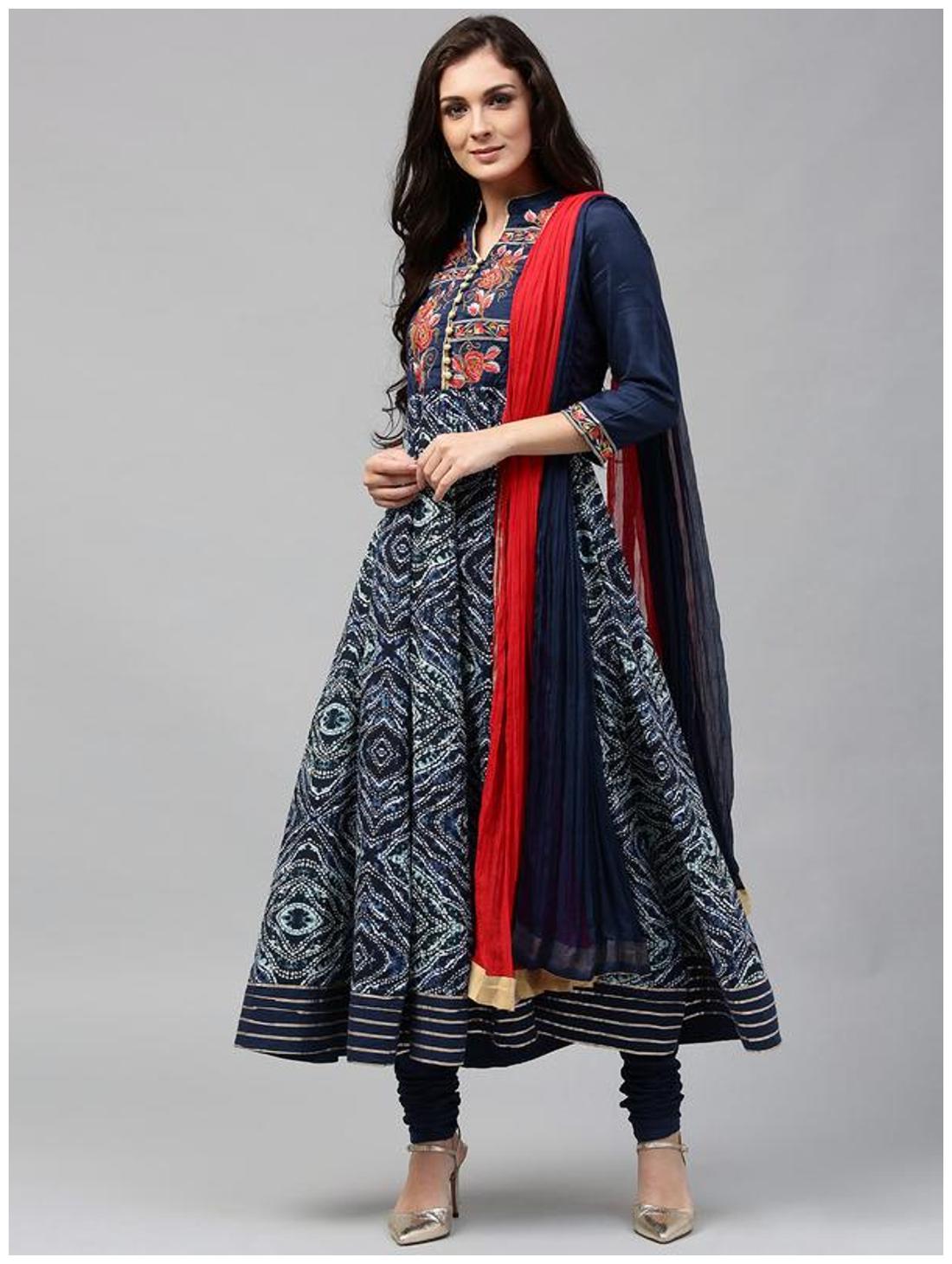 

RAIN and RAINBOW Women Blue Printed Anarkali Kurta With Churidar And Dupatta
