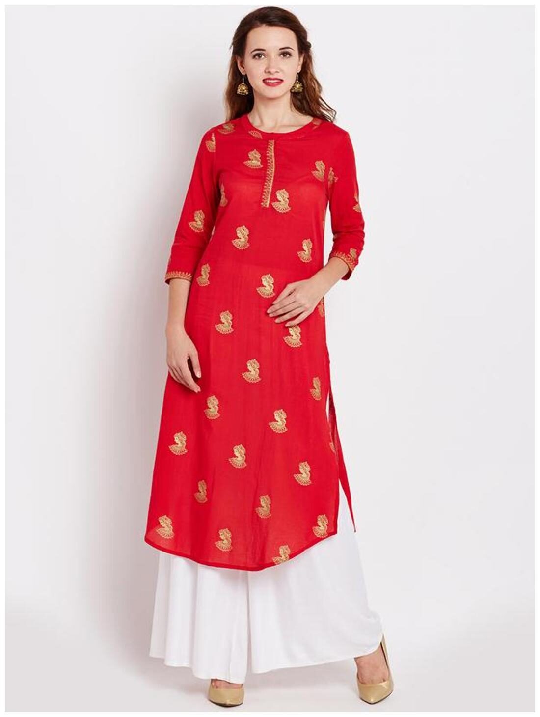 

RAIN and RAINBOW Women Red Printed Straight Kurta