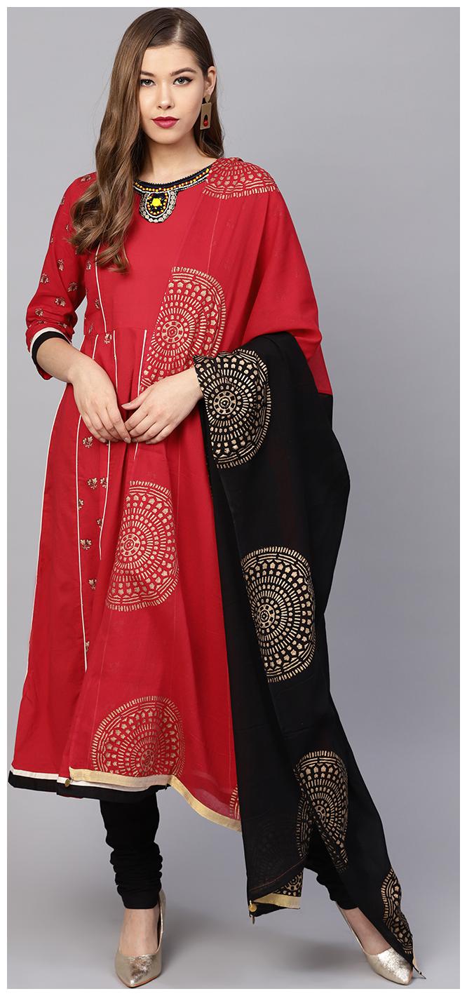 

Rain And Rainbow Cotton Embroidery Flared Fit Suit Set - Red Black
