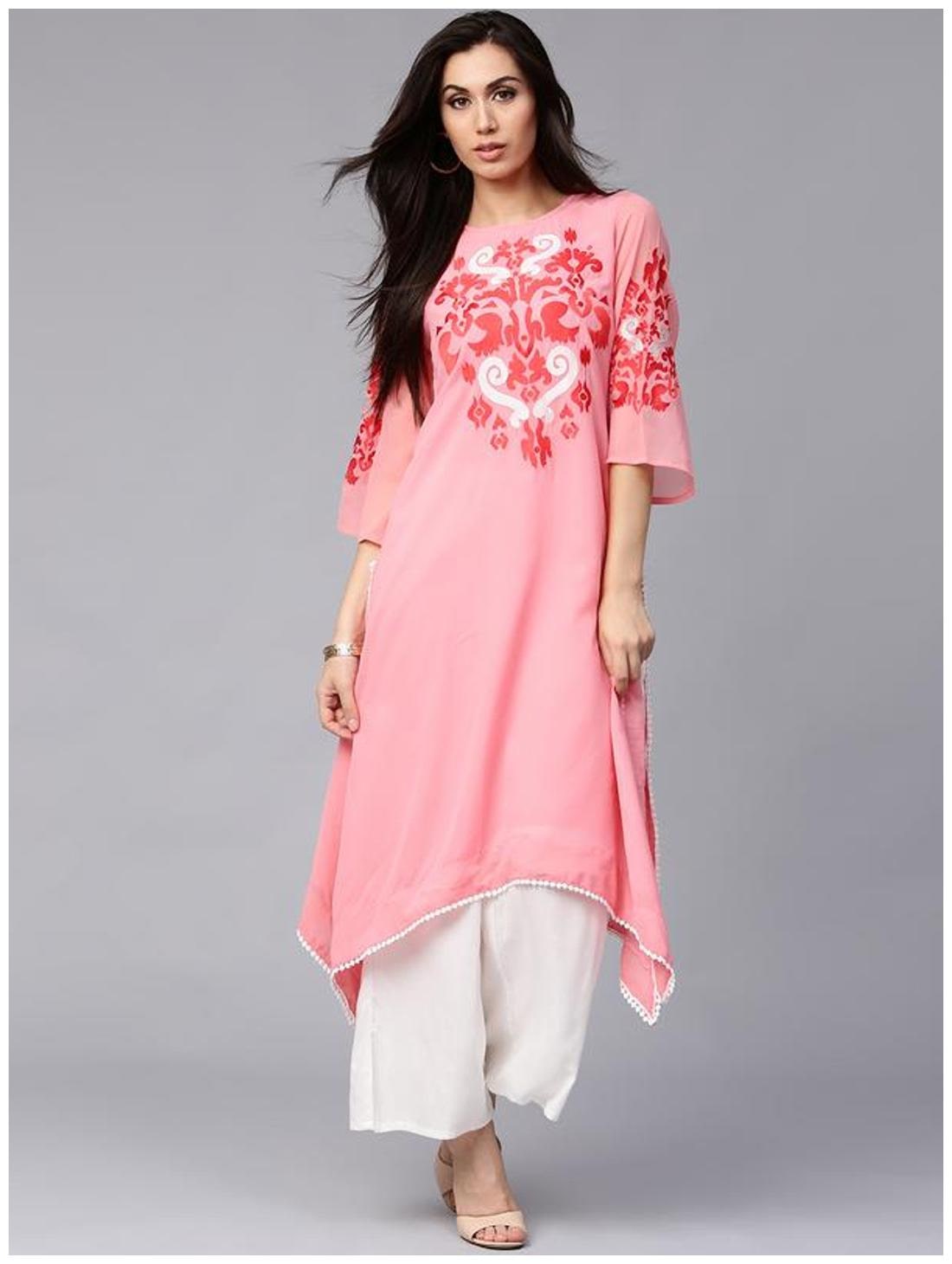 

RAIN and RAINBOW Women Pink Embroidered Assymetrical Kurta