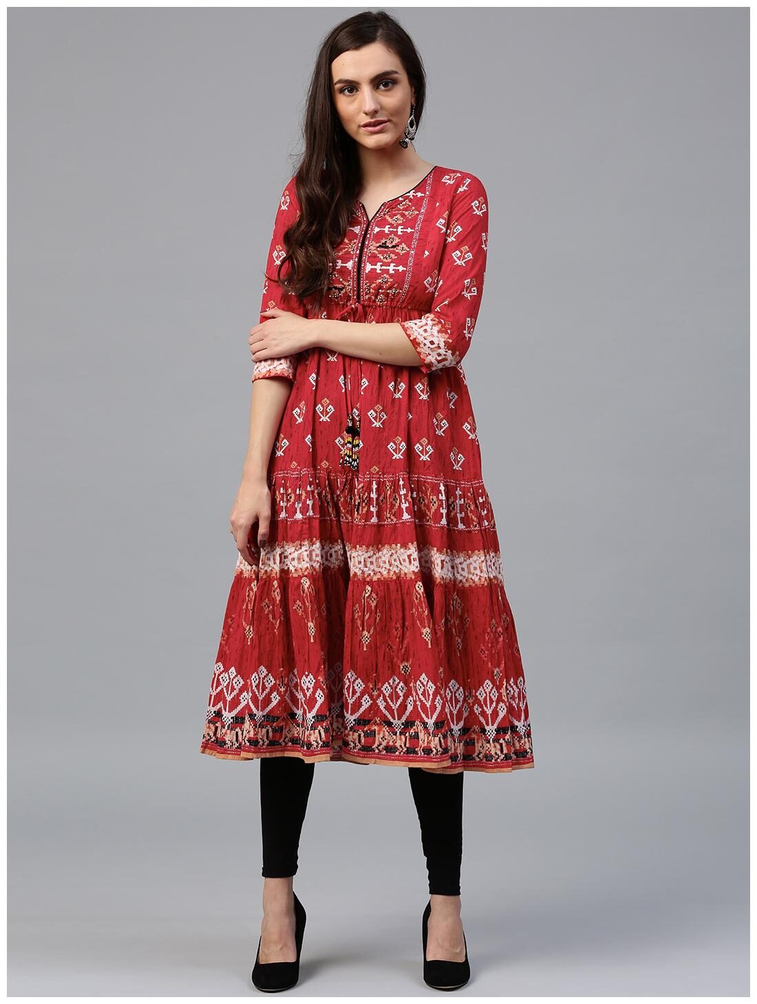 

RAIN and RAINBOW Women Red Printed Anarkali Kurta