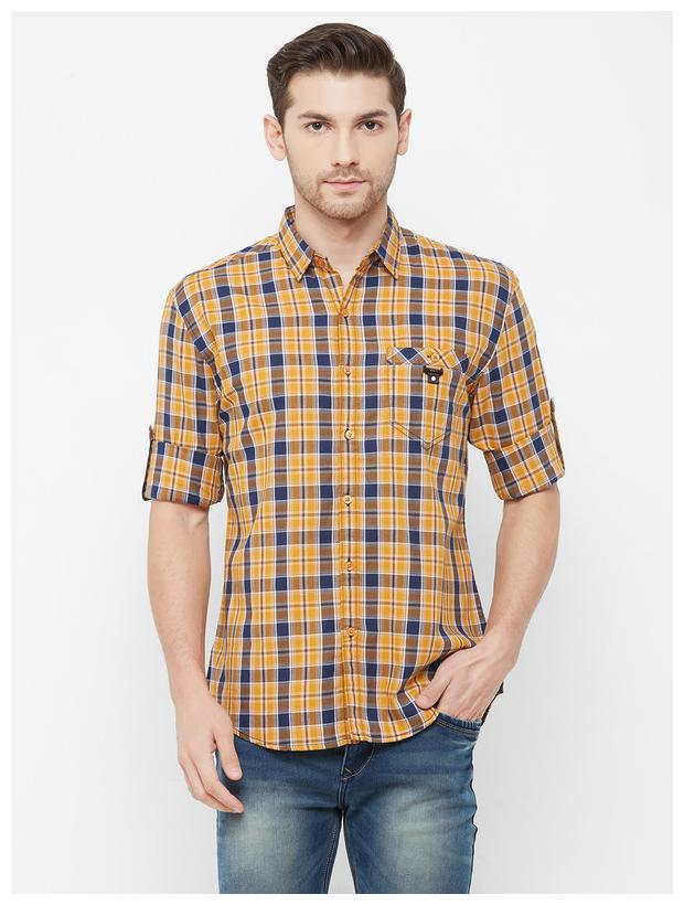

RAIN Men Gold Checked Slim Fit Casual Shirt