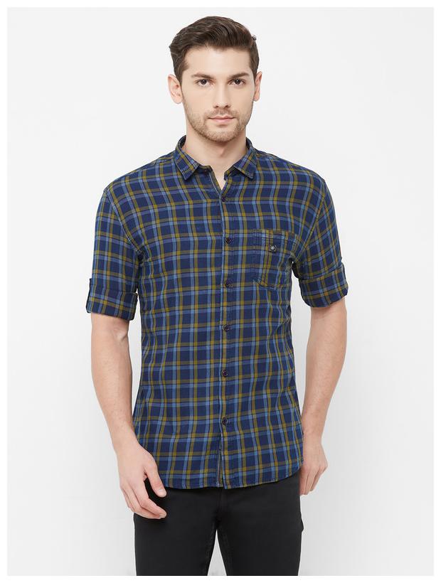 

RAIN Men Blue Checked Slim Fit Casual Shirt