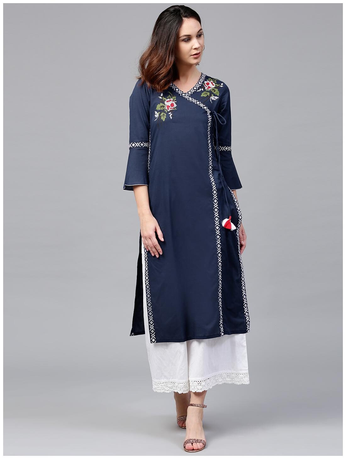 

RAIN and RAINBOW Women Blue Printed Angrakha Kurta