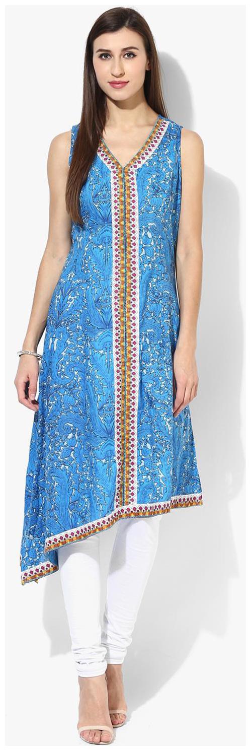 

RAIN and RAINBOW Women Blue Printed Assymetrical Kurta