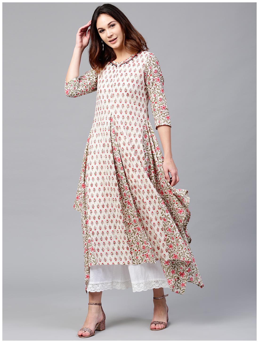 

RAIN and RAINBOW Women Beige Printed Assymetrical Kurta