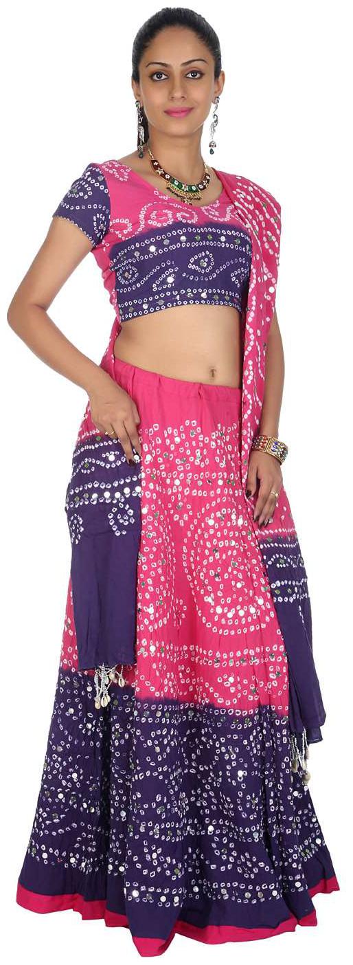 

Rajasthani Bandhaj Tie dye Cotton Semi-Stitched Pink Blue Free Size Casual Women Lehenga Choli Set by Rajrang