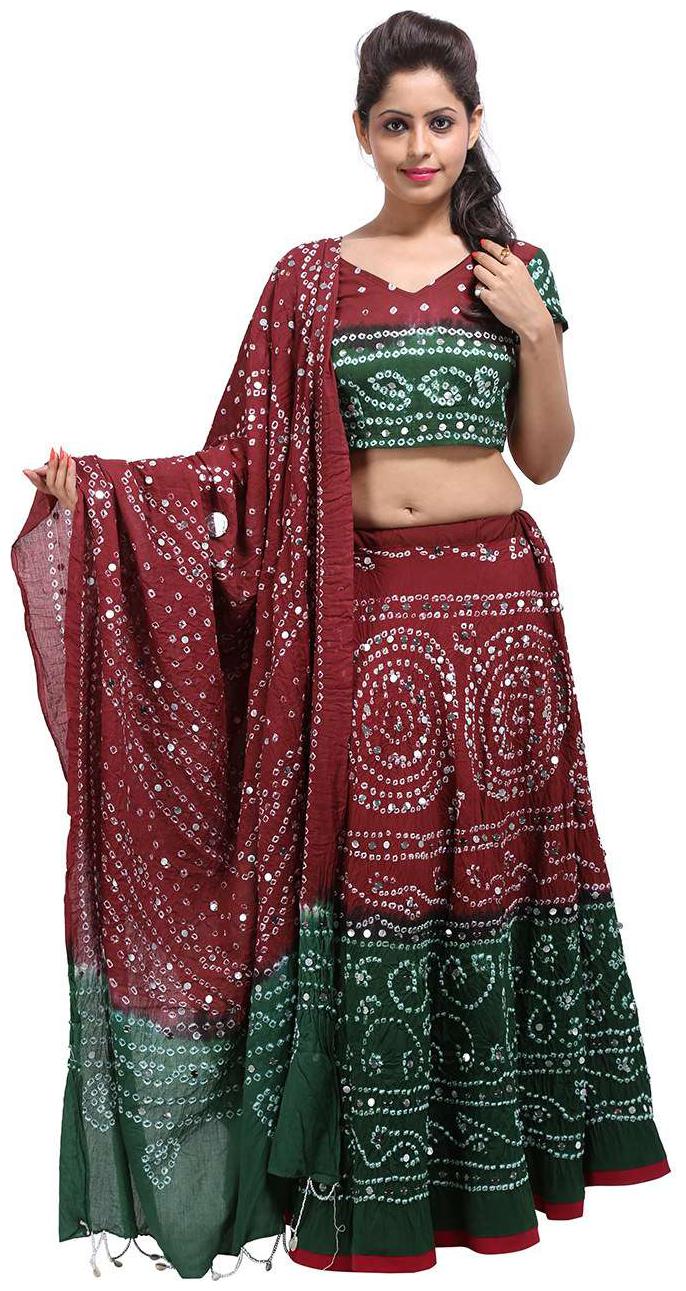 

Rajasthani Bandhaj Tie dye Cotton Semi-Stitched Maroon Free Size Casual Women Lehenga Choli Set by Rajrang