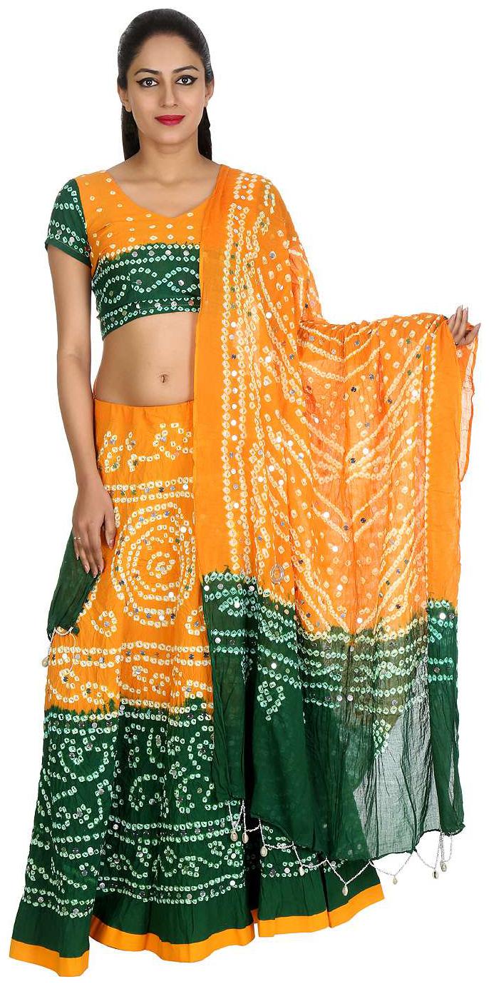 

Rajasthani Bandhaj Tie dye Cotton Semi-Stitched Yellow Green Free Size Casual Women Lehenga Choli Set by Rajrang