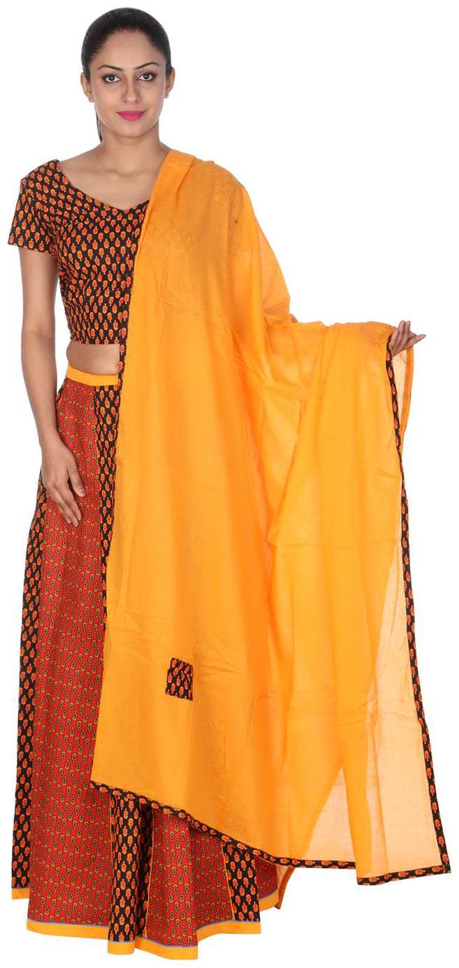 

Rajasthani Bandhaj Tie dye Cotton Semi-Stitched Yellow Red Free Size Casual Women Lehenga Choli Set by Rajrang