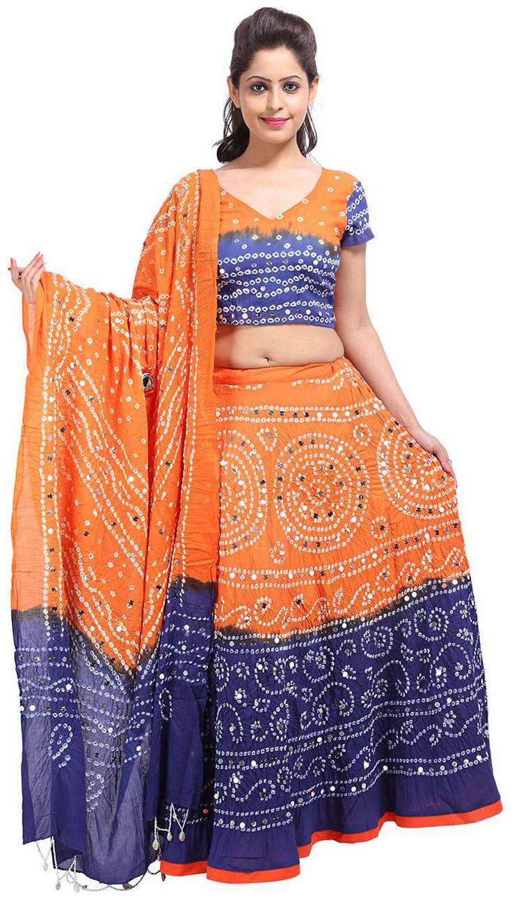

Rajasthani Bandhaj Tie dye Cotton Semi-Stitched Orange Free Size Casual Women Lehenga Choli Set by Rajrang