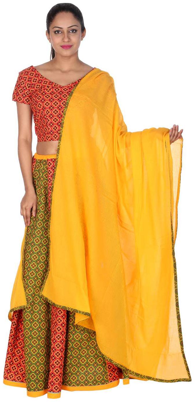 

Rajasthani Bandhaj Tie dye Cotton Semi-Stitched Yellow Green Free Size Casual Women Lehenga Choli Set by Rajrang
