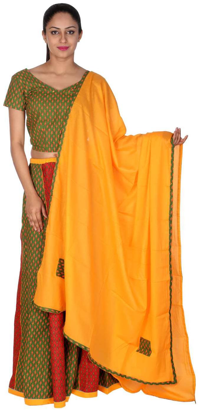 

Rajasthani Bandhaj Tie dye Cotton Semi-Stitched Green Yellow Free Size Casual Women Lehenga Choli Set by Rajrang