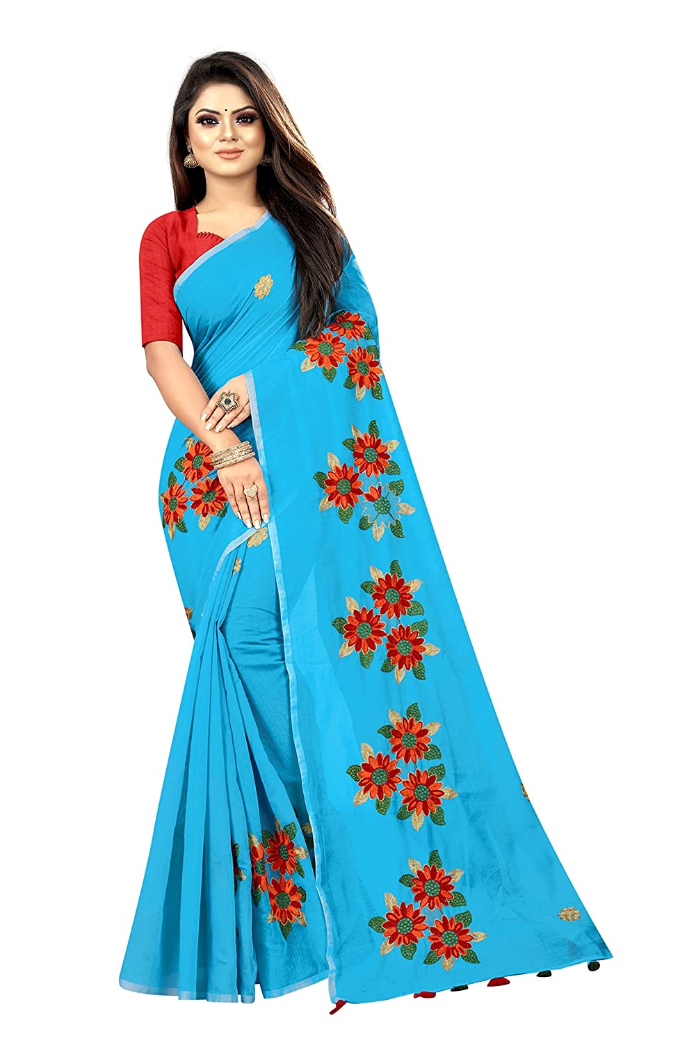

Rajeshwar Fashion Women s Turquoise Embroidered Fashion Chanderi Cotton Saree With Blouse Party wear Festival wear Latest Designer Saree Special New collection sarees 2020 Saree For Women