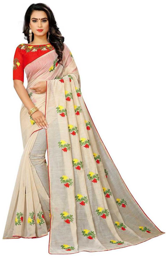 

Rajeshwar Fashion Women s Cream Embroidered Fashion Chanderi Cotton Saree With Blouse Party wear Festival wear Latest Designer saree