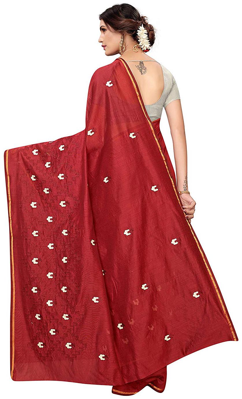 

Rajeshwar Fashion Women s Red Embroidered Fashion Chanderi Cotton Saree With Blouse Party wear Festival wear Latest Designer saree