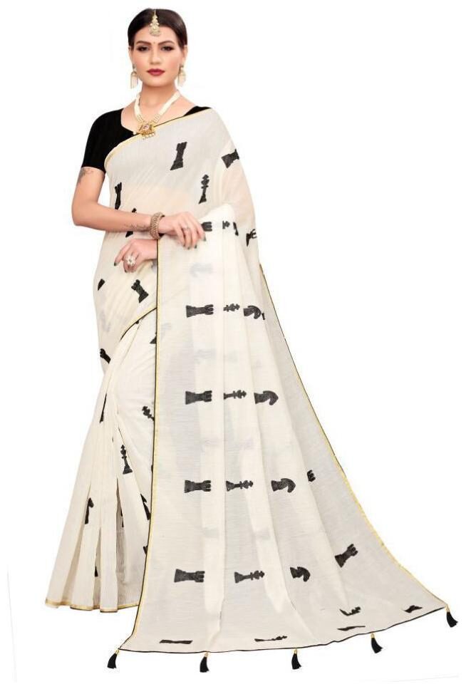 

Rajeshwar Fashion Women s White Embroidered Fashion Chanderi Cotton Saree With Blouse Party wear Festival wear Latest Designer Saree Special New collection sarees 2020 Saree For Women CHESS SHATRANJ