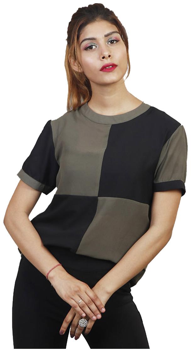 

Rajkumari dress up like a princess Crepe Colorblocked Women Regular Top - Black Grey