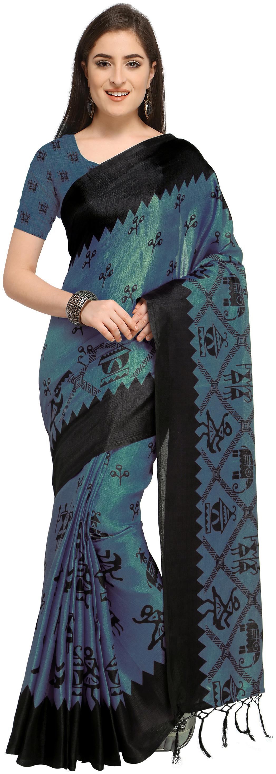 

Rajnandini Blue Silk Printed Party Wear Saree