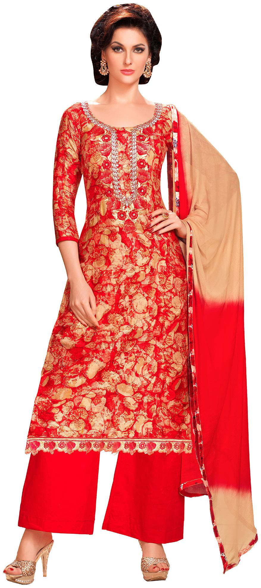 

Rajnandini Red Unstitched Kurta with bottom dupatta With dupatta Dress Material