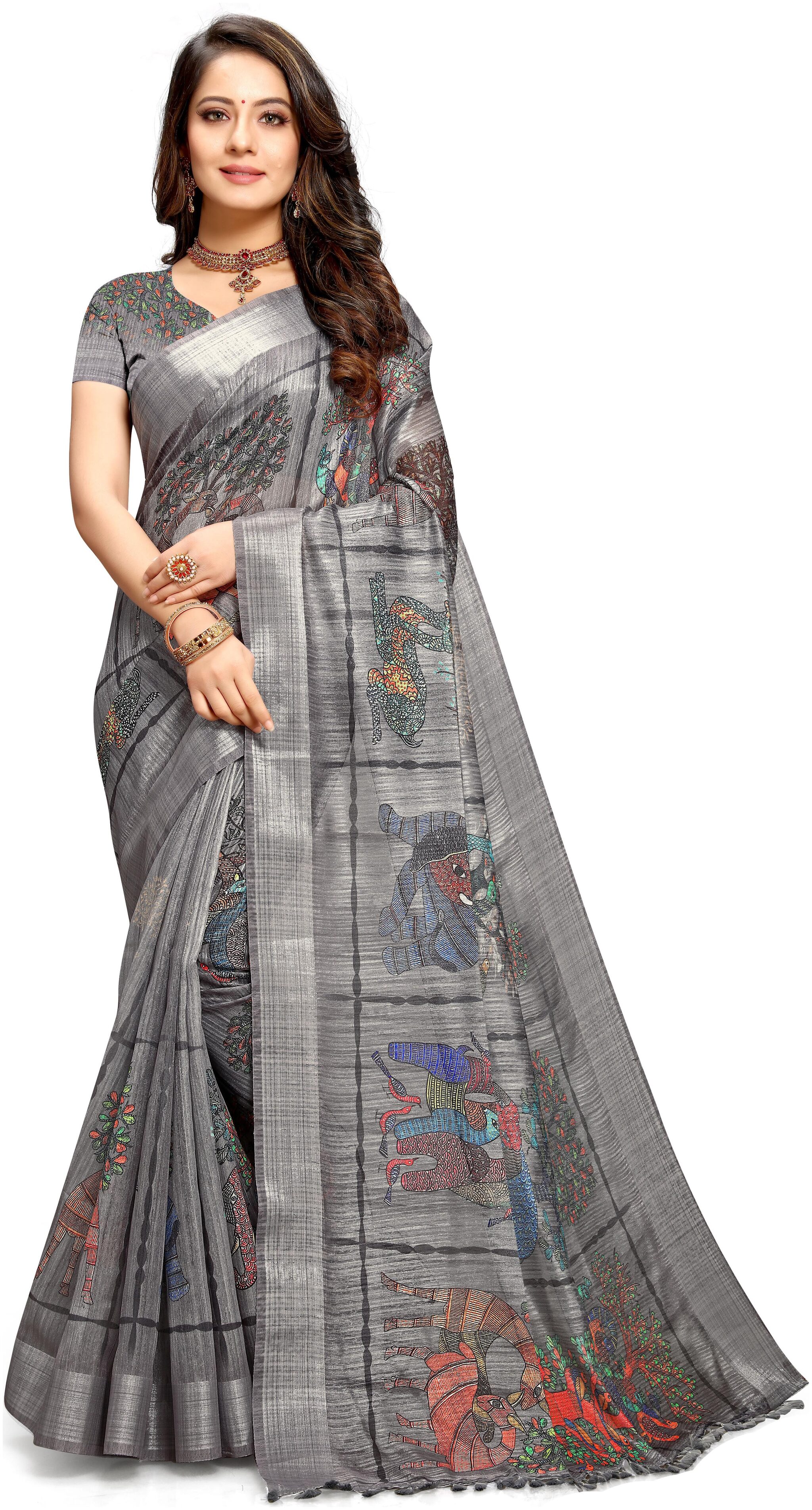 

Rajnandini Cotton Blend Printed Grey Color Saree with Blouse