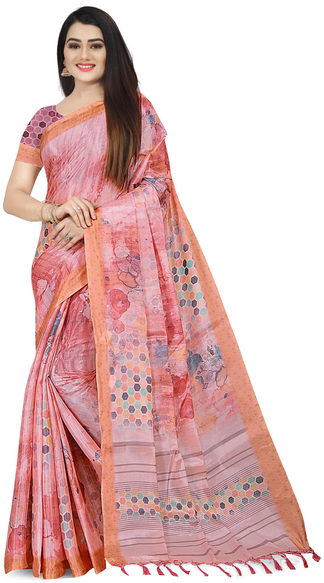 

Rajnandini Cotton Blend Printed Pink Color Saree with Blouse