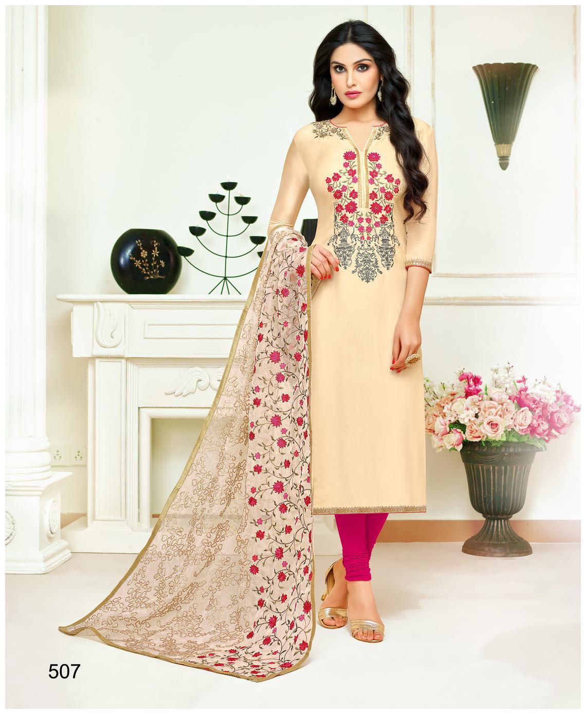 

Rajnandini Cream Upada Silk Embroidered Unstitched Dress Material