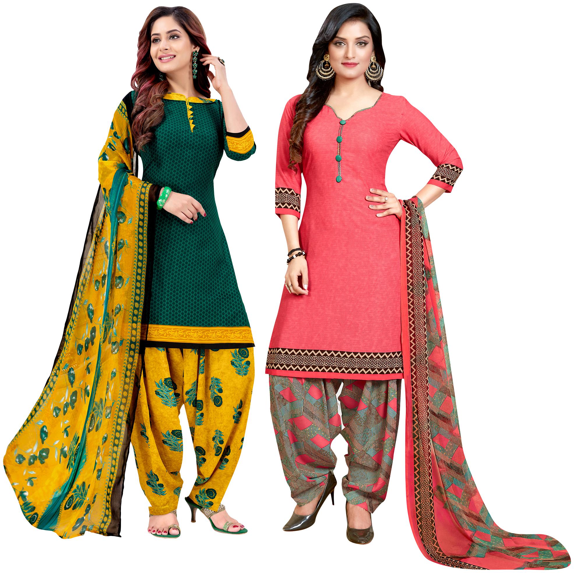 

Rajnandini Green Peach Unstitched Kurta with bottom dupatta With dupatta Dress Material