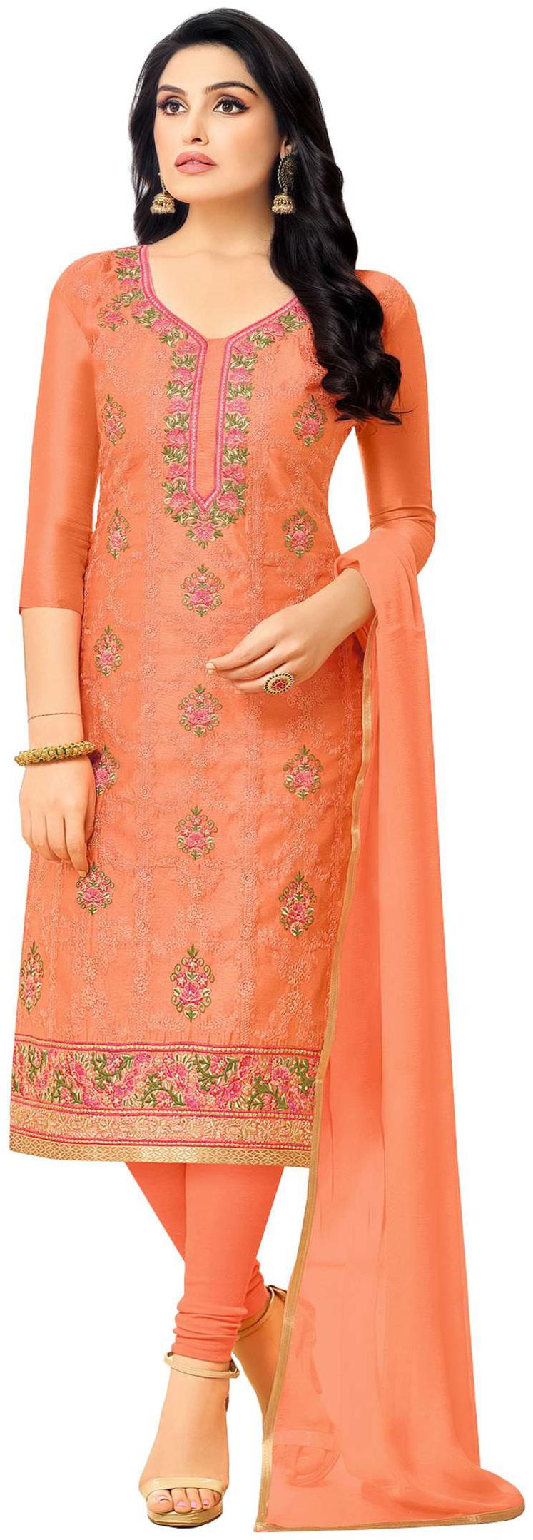 

Rajnandini Light Orange Heavy Chanderi Embroidered Unstitched Dress Material