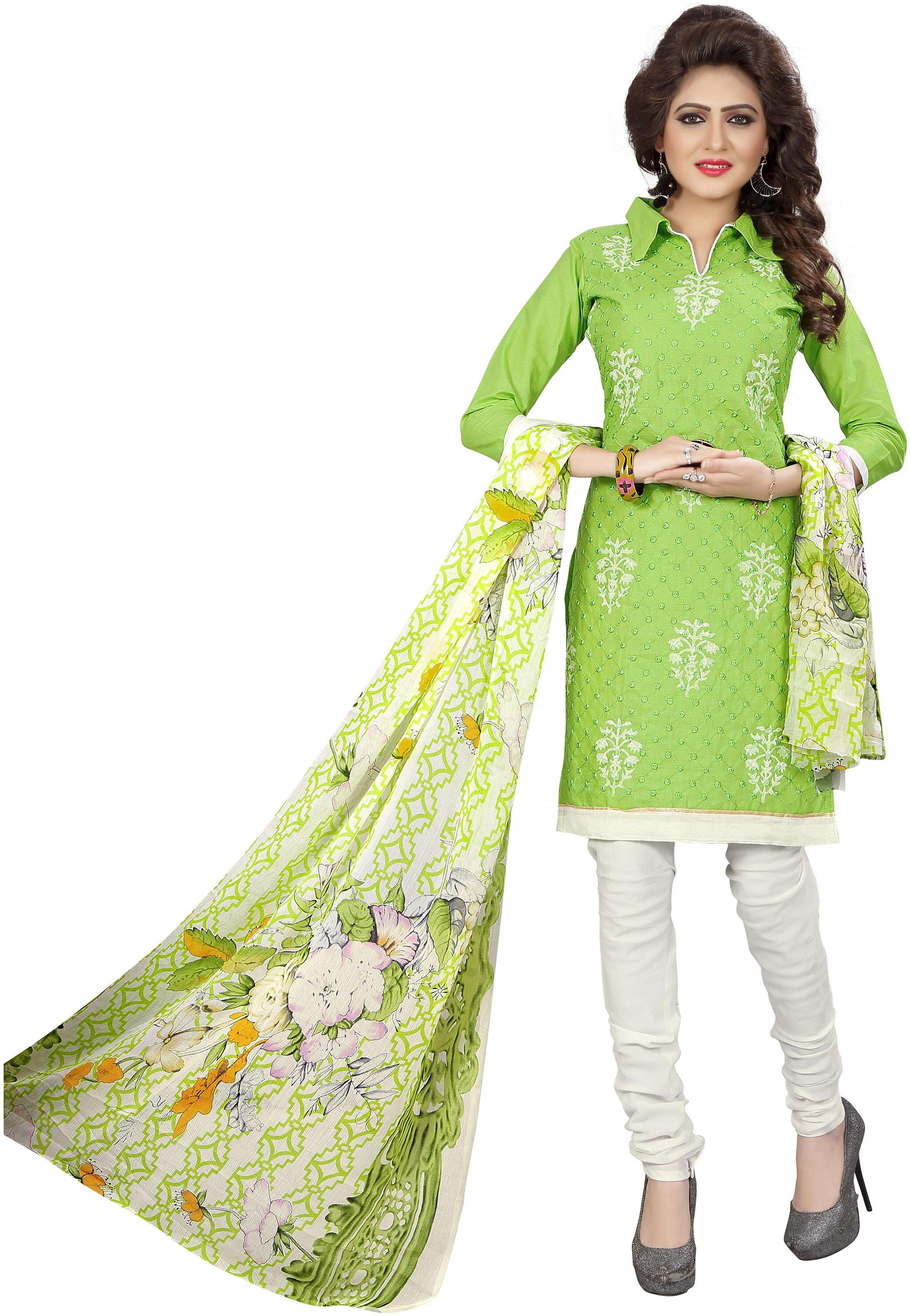 

Rajnandini Light Green Cotton Embroidered Unstitched Dress Material