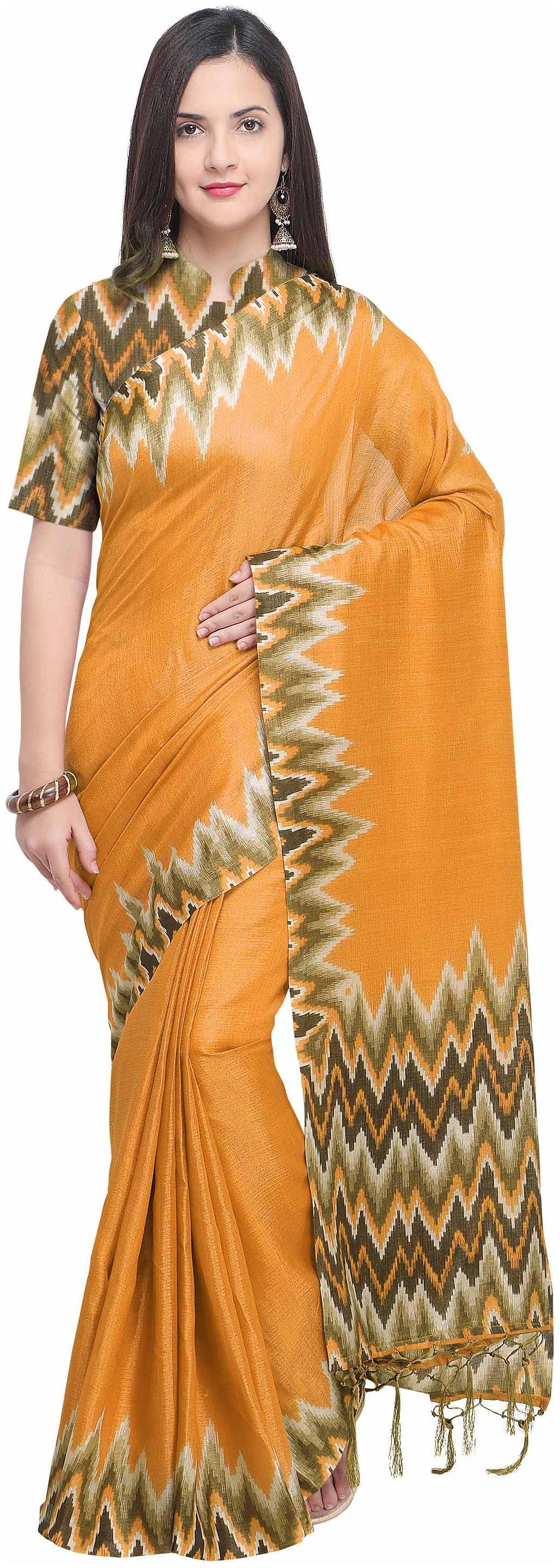 

Rajnandini Mustard Silk Printed Party Wear Saree