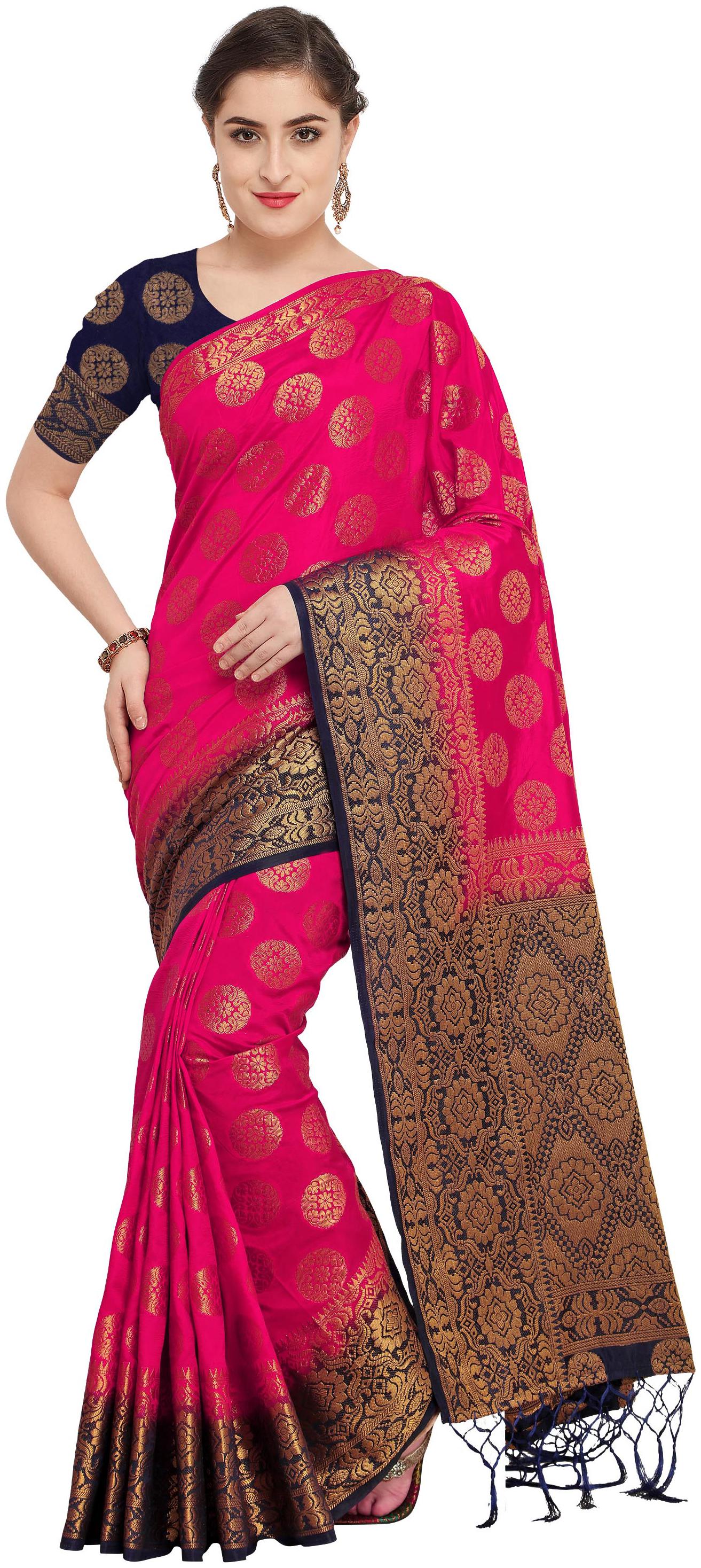 

Rajnandini Magenta Silk Kanjivaram Zari Weaving Work Rich Pallu Saree