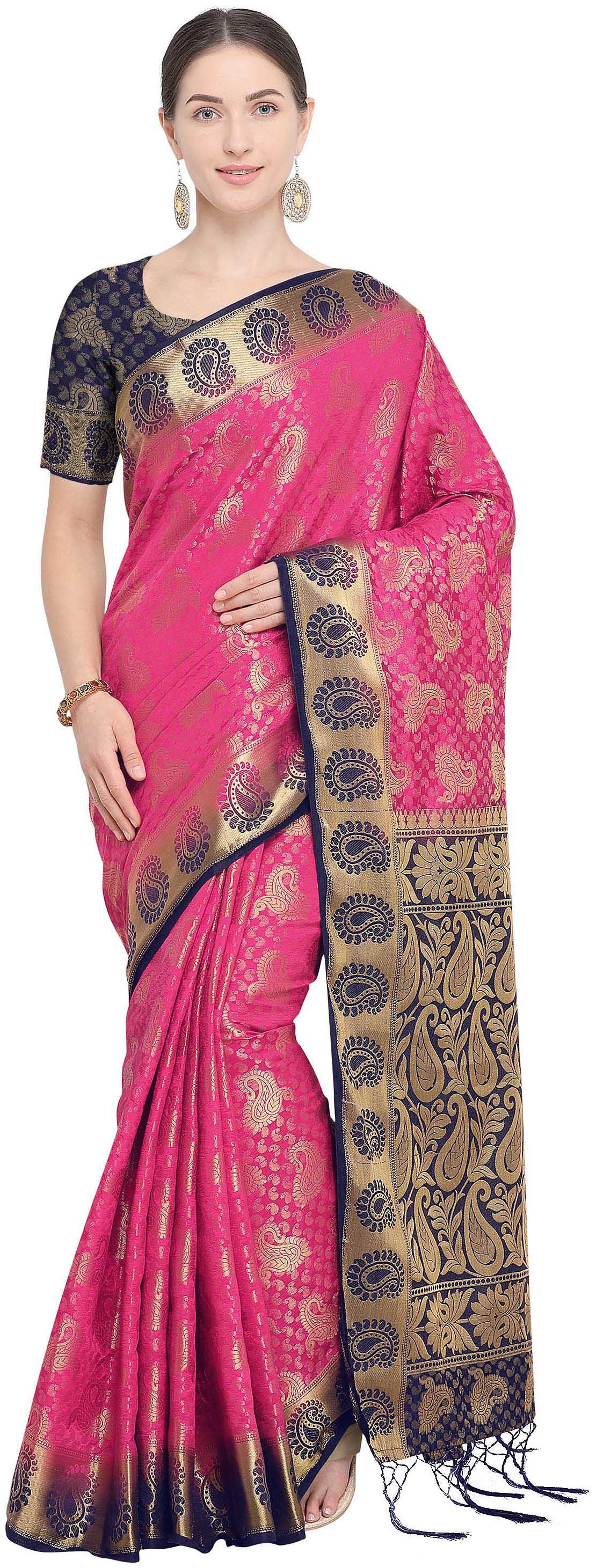 

Rajnandini Magenta Silk Kanjivaram Zari Weaving Work Rich Pallu Saree