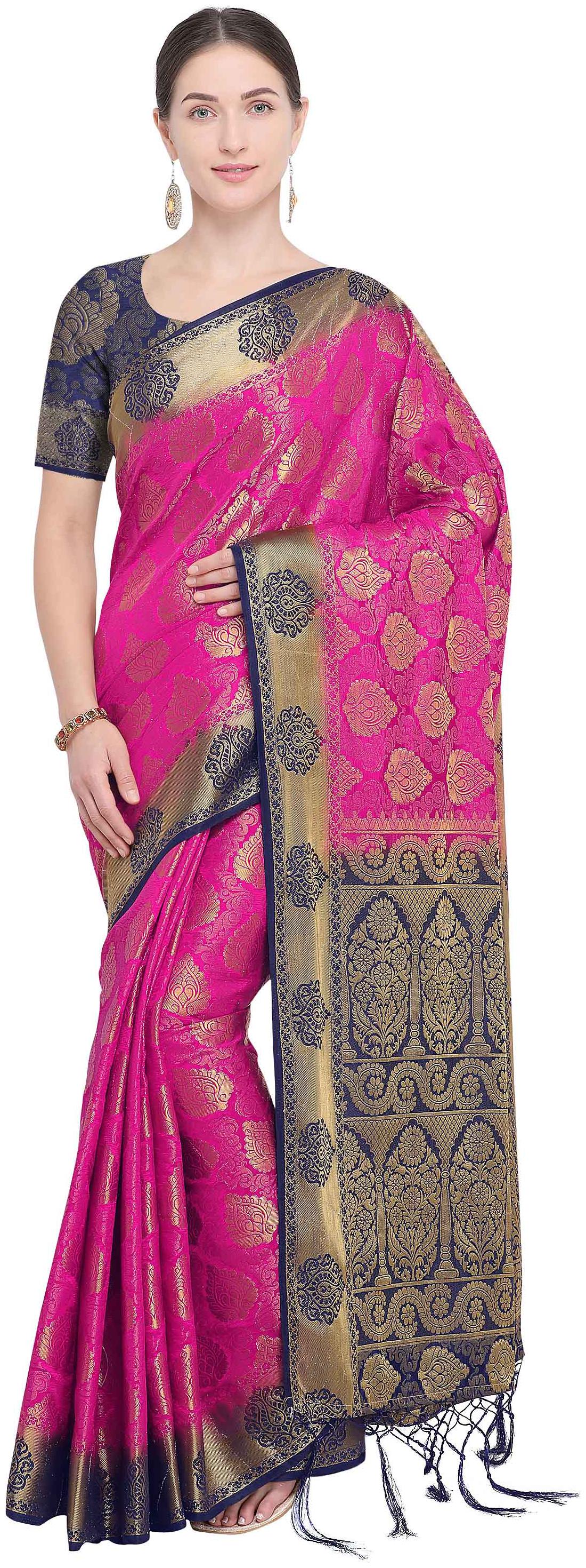 

Rajnandini Magenta Silk Kanjivaram Zari Weaving Work Rich Pallu Saree