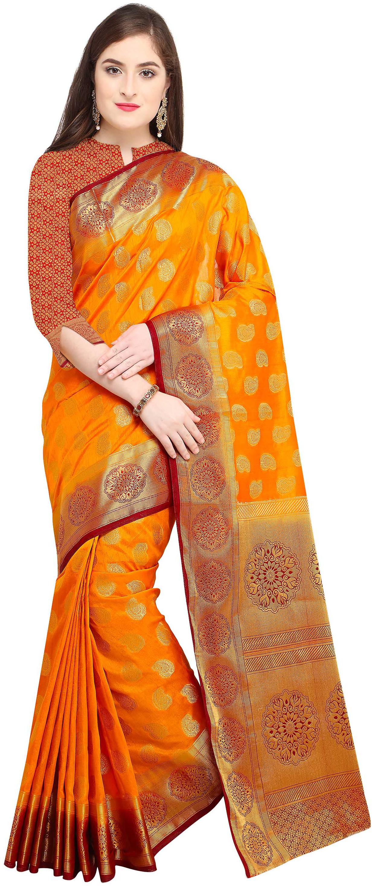 

Rajnandini Mustard Silk Kanjivaram Zari Weaving Work Rich Pallu Saree