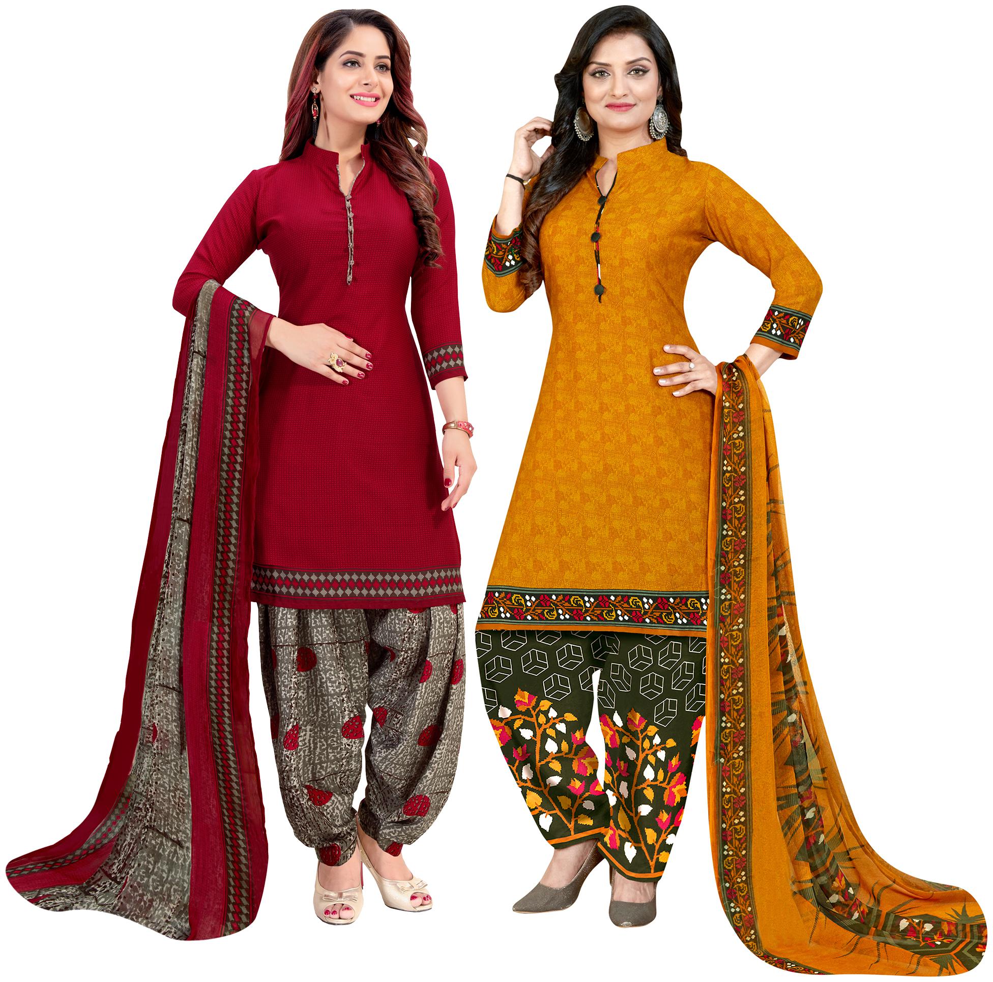 

Rajnandini Maroon Yellow Unstitched Kurta with bottom dupatta With dupatta Dress Material