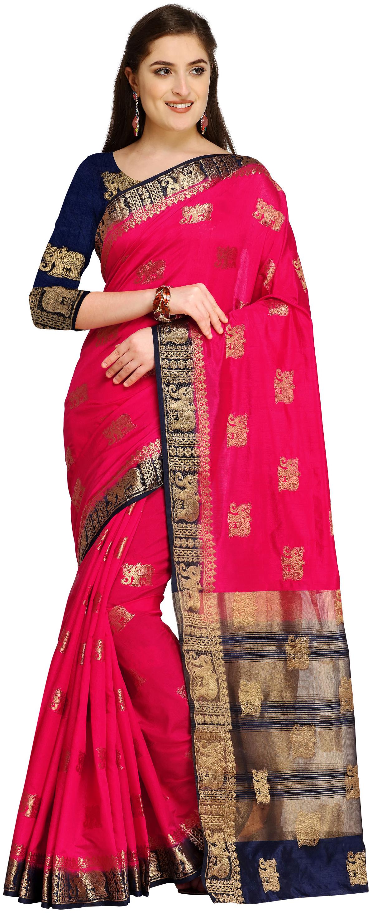 

Rajnandini Magenta Silk Kanjivaram Style Elephant Zari Weaving Work Saree