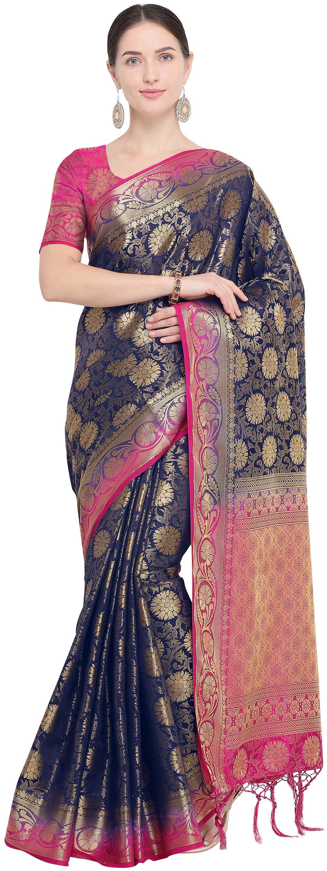 

Rajnandini Navy Blue Silk Kanjivaram Zari Weaving Work Rich Pallu Saree