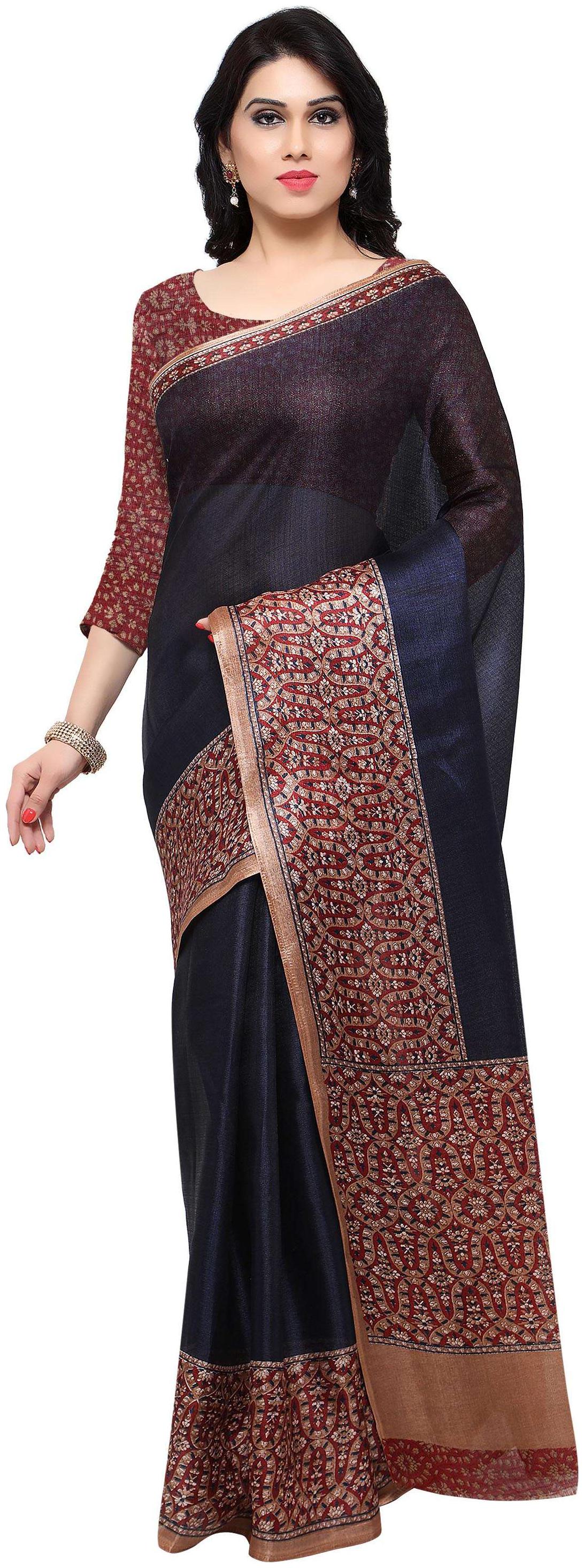

Rajnandini Navy Blue Tussar Silk Printed Traditional Saree