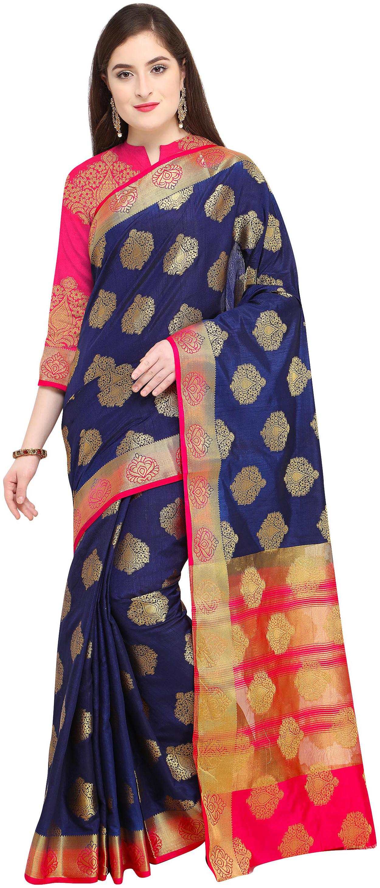 

Rajnandini Navy Blue Silk Kanjivaram Zari Weaving Work Saree