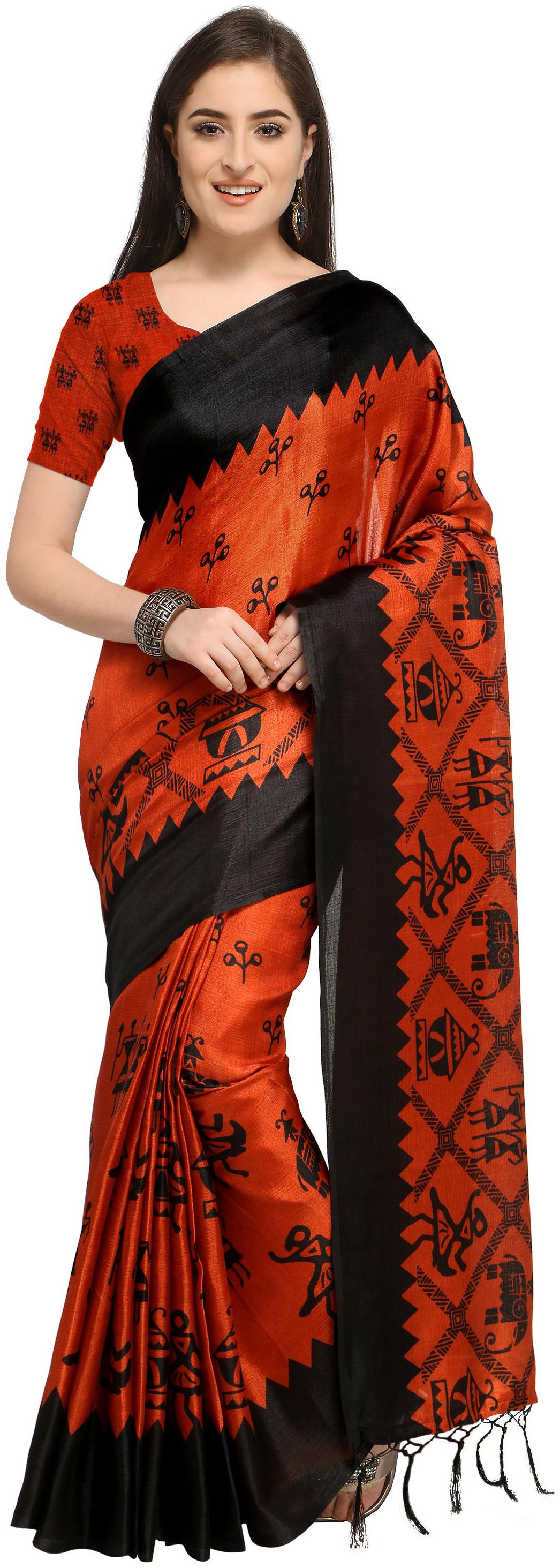

Rajnandini Orange Silk Printed Party Wear Saree
