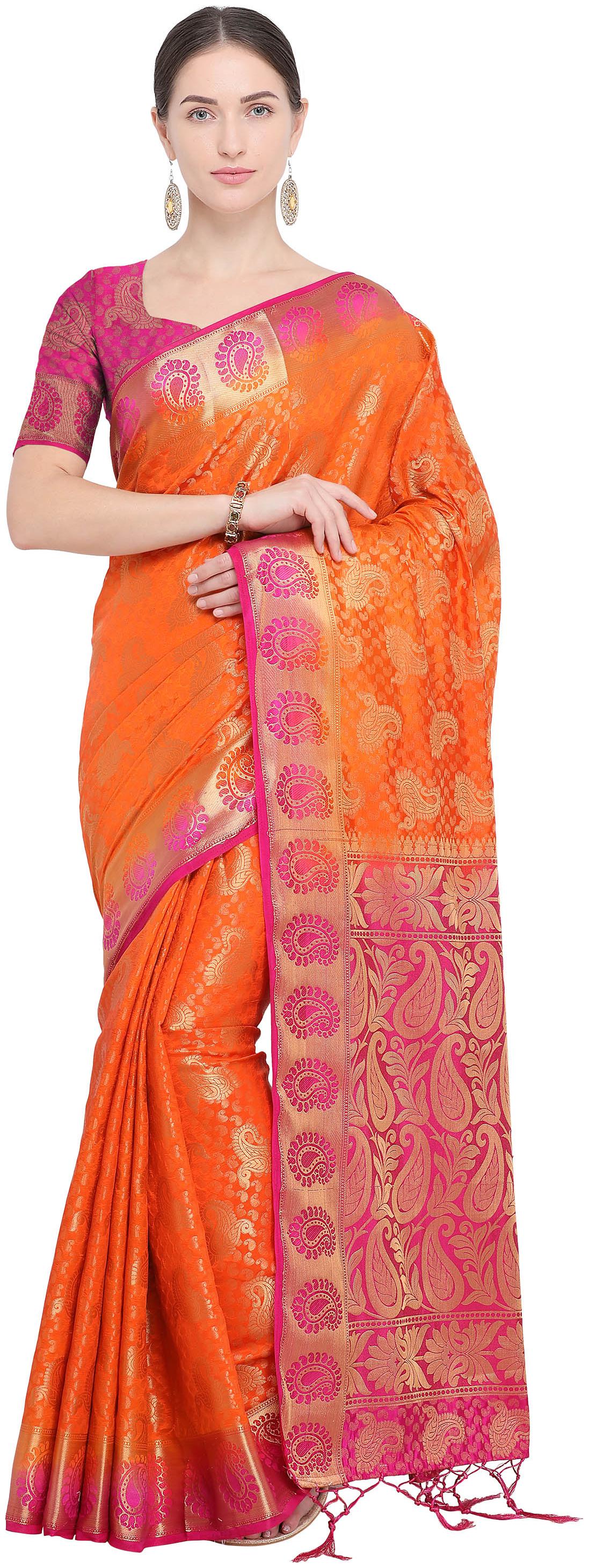 

Rajnandini Orange Silk Kanjivaram Zari Weaving Work Rich Pallu Saree